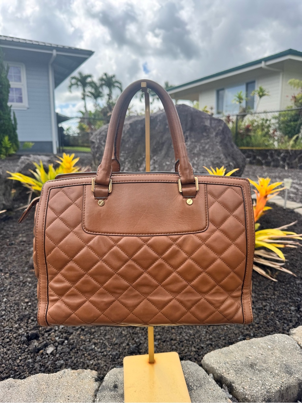 MICHAEL Michael Kors Quilted Leather Satchel Brown Gold Tone Shoulder Bag - Picture 3 of 14